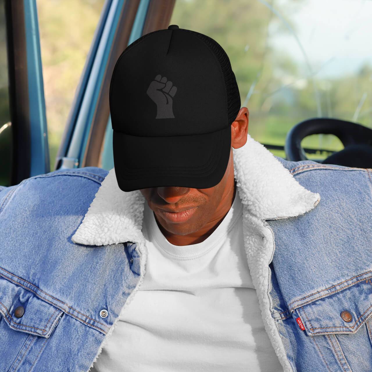 Black On Black Power Fist Embroidered Trucker Cap - Image 2