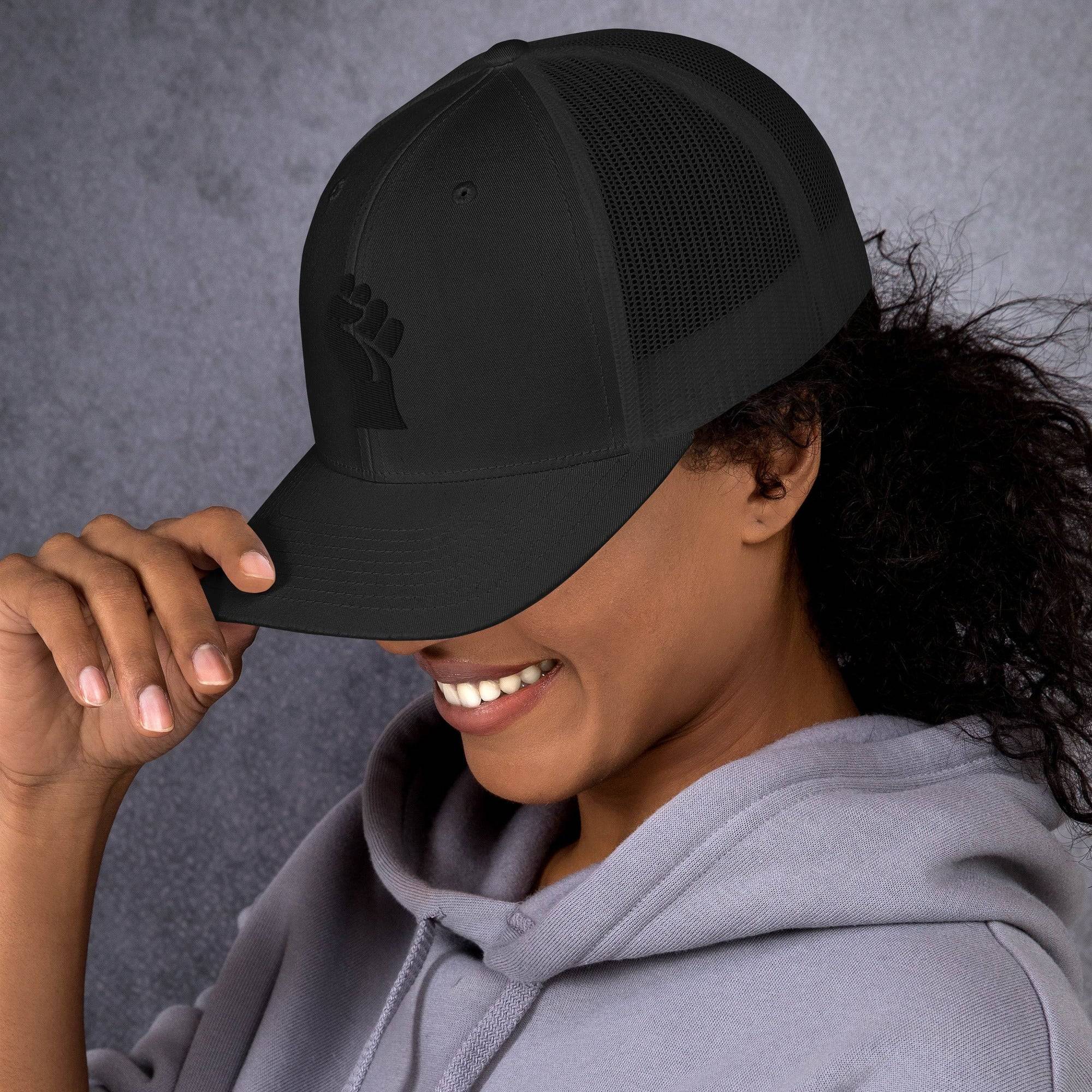 Black On Black Power Fist Embroidered Trucker Cap - Image 3
