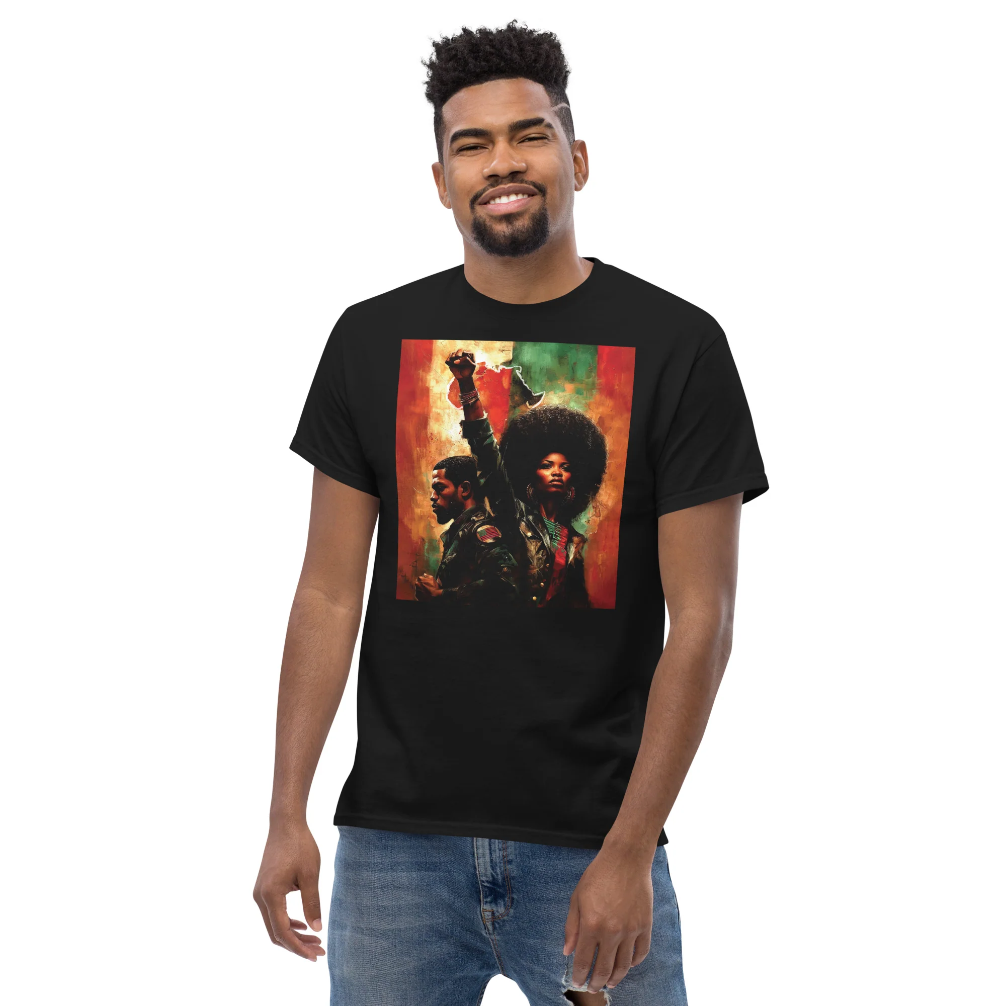 Pan African Power Couple Raised Fist T-Shirt - Image 2