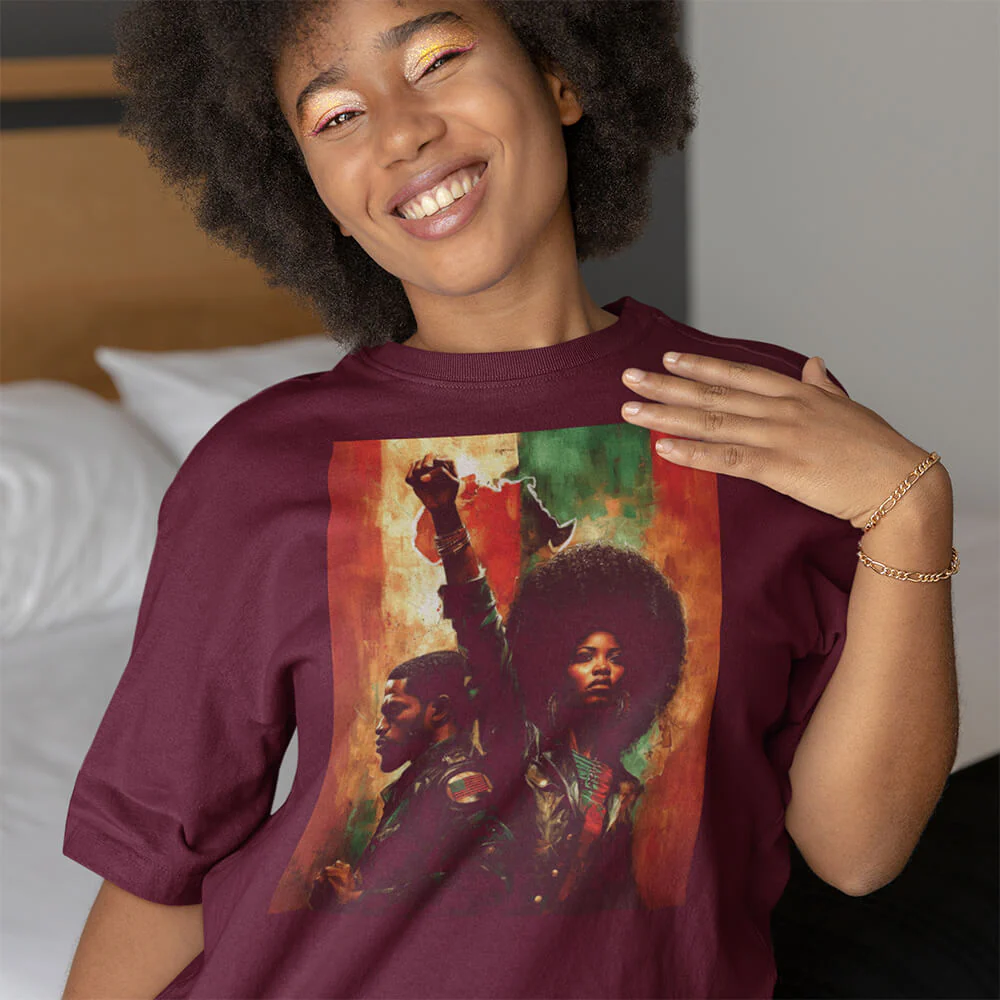 Pan African Power Couple Raised Fist T-Shirt - Image 3